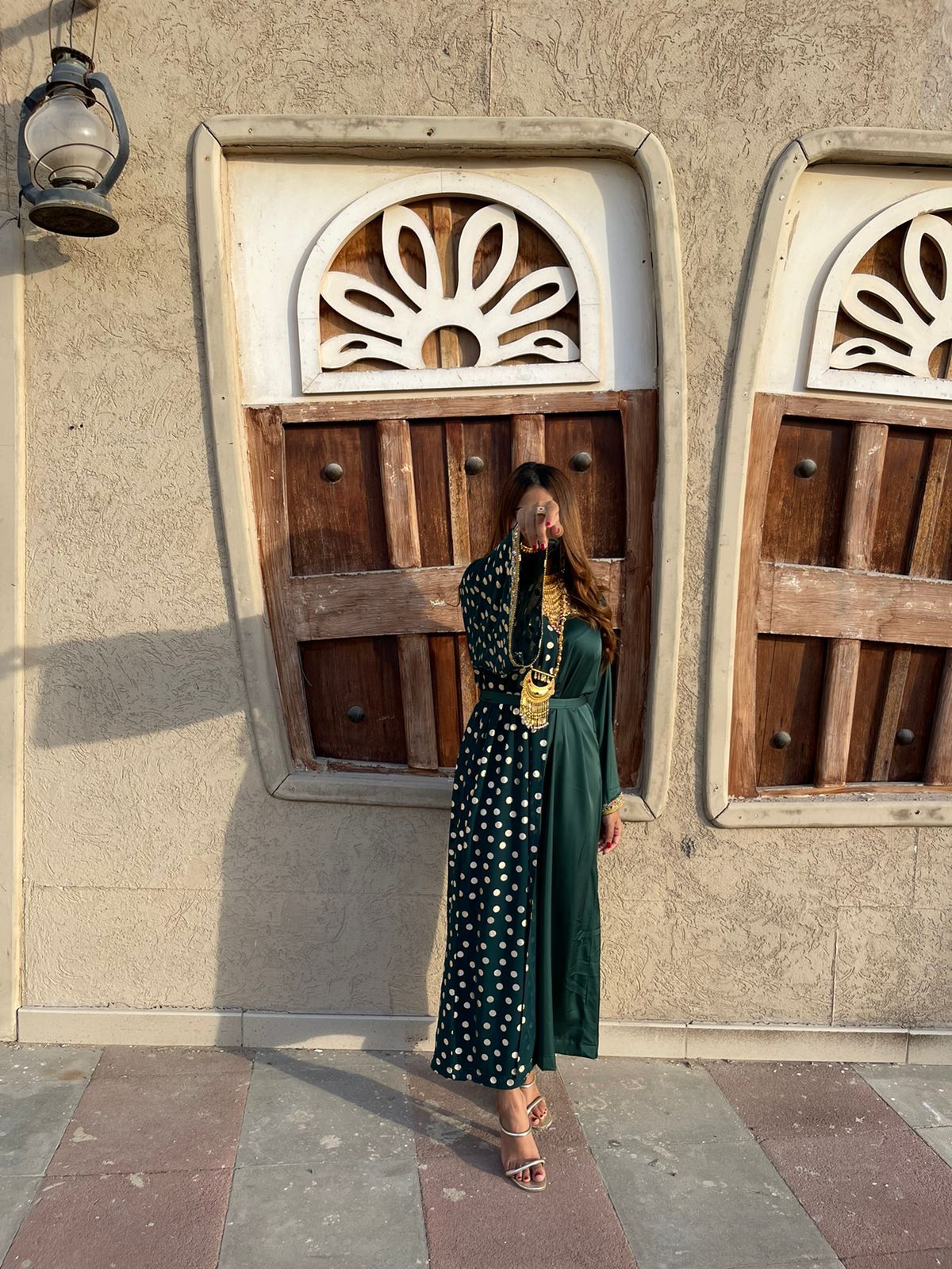 Green dress with white pokadots